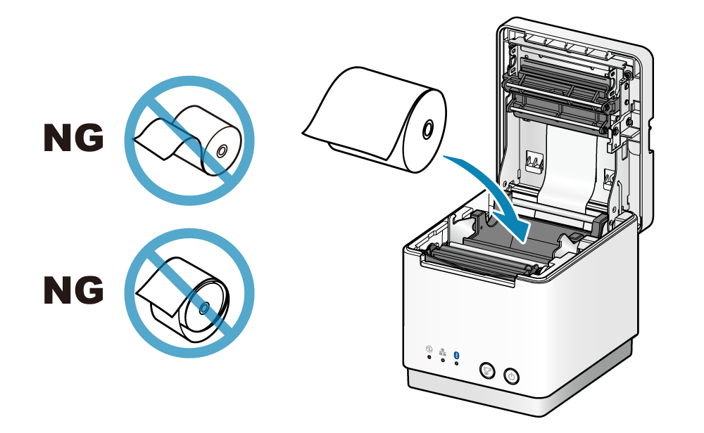 ロール紙の上側から用紙が引き出せるようにセットします。