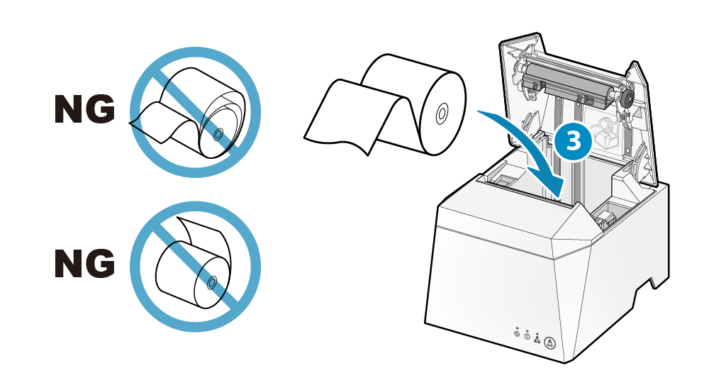 ロール紙の下側から用紙が引き出せるようにセットします。